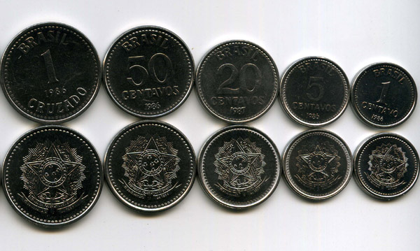 Набор монет 1,5,20,50,1 крузадо 1986г Бразилия