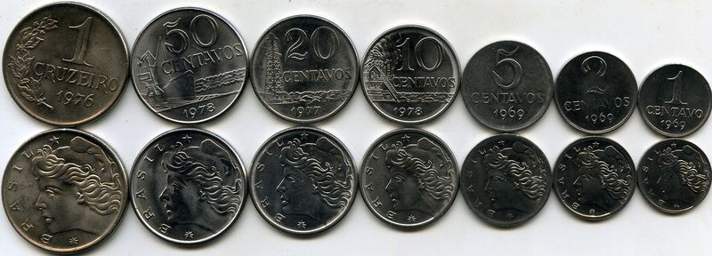 Набор монет 1,2,5,10,20,50 сентавос, 1 крузеро 1969-78г Бразилия