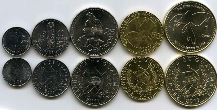 Набор монет 5,10,25,50 сентавос, 1 кетсаль 2009-12гг Гватемала