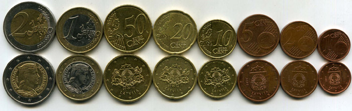 Набор монет 1-2 евро 2014г из обращения Латвия