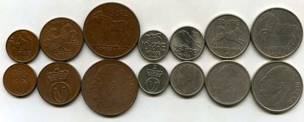 Набор монет 1,2,5,10,25,50,1 крона животные 1960-70гг Норвегия