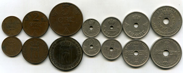 Набор монет 1,2,5,10,25,50,1 крона до 1950г Норвегия
