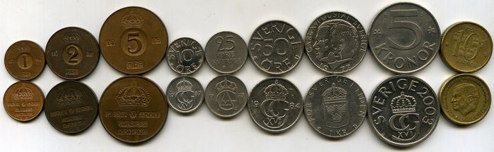 Набор монет 1 оре -10 крон года разные Швеция