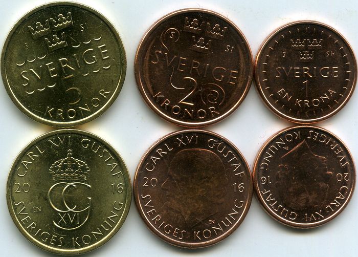 Набор монет 1,2,5 крон 2016 года Швеция