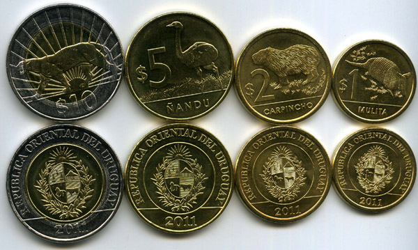 Набор монет 1,2,5,10 песо 2011г Уругвая