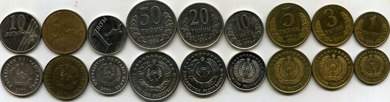 Набор монет 1тийин-10сум 1994-2001гг Узбекистан
