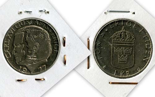 Монета 1 крона 1977г Швеция