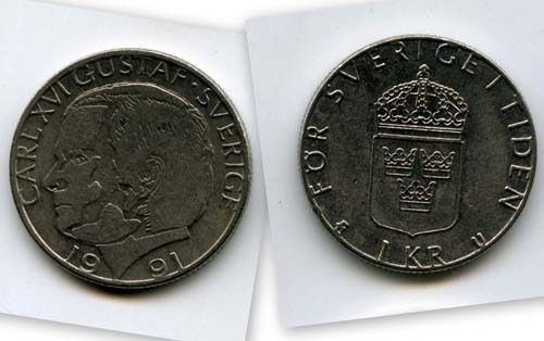Монета 1 крона 1991г Швеция