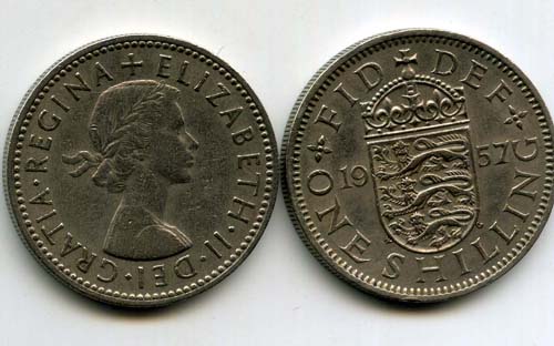 Монета 1 шиллинг 1957г три льва Англия