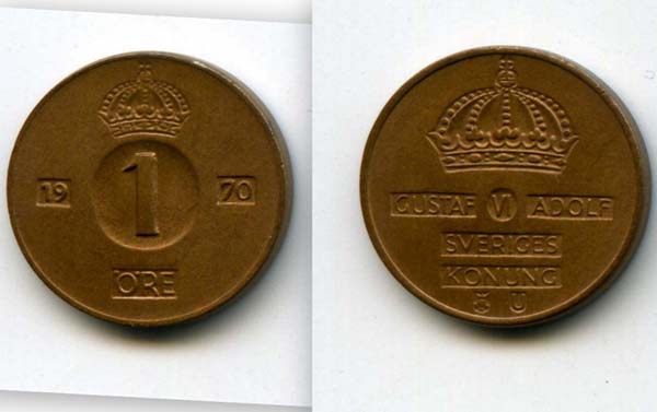 Монета 1 эрэ 1970г Швеция