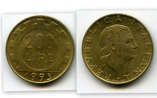 Монета 200 лир 1995г Италия