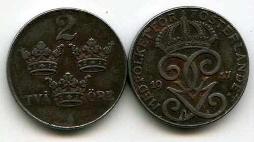 Монета 2 эрэ 1947г Швеция
