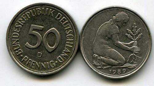 Монета 50 пфенингов 1989г D Германия