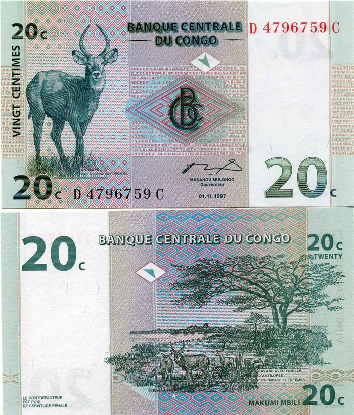 Бона 20 цент 1997г ДР Конго