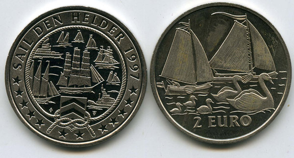 Монета 2 евро 1997г 2 корабля и 2 лебедя Нидерланды