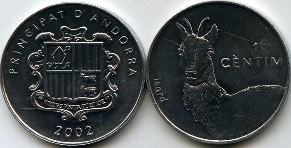Монета 1 сентимес 2002г серна Андорра