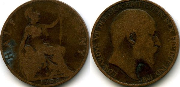Монета 1/2 пенни 1905г Великобритания