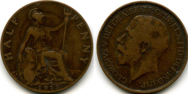 Монета 1/2 пенни 1913г Великобритания