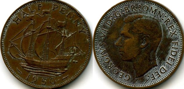 Монета 1/2 пенни 1950г Англия