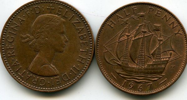 Монета 1/2 пенни 1967г Англия