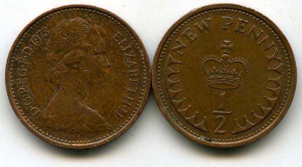Монета 1/2 нового пенни 1973г Англия