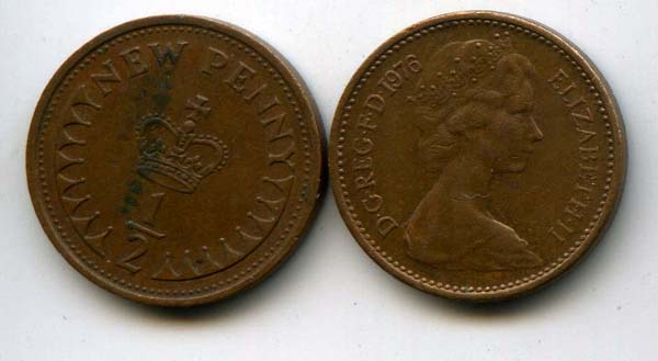 Монета 1/2 нового пенни 1976г Англия