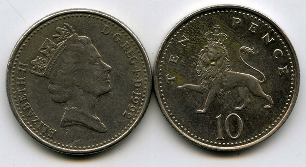 Монета 10 пенсов 1992г Англия