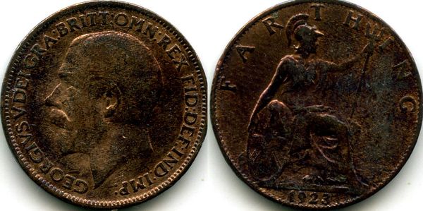 Монета 1 фартинг (1/4 пенни) 1923г Великобритания