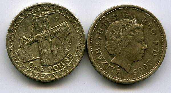 Монета 1 фунт 2005г мост Менай Великобритания