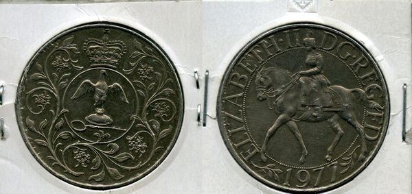 Монета 1 крона (25 пенсов) 1977г 25 лет на троне Англия
