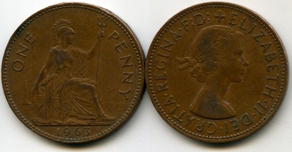 Монета 1 пенни 1963г Англия