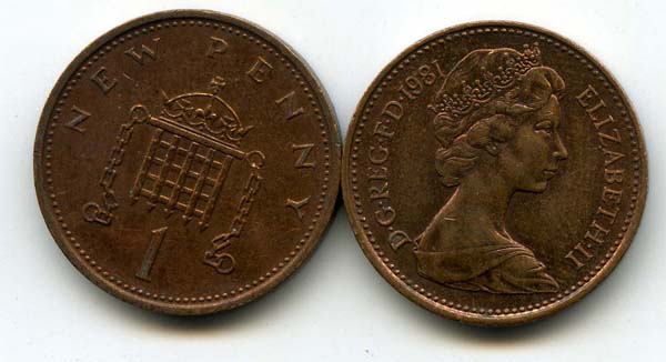 Монета 1 пенни 1981г Англия