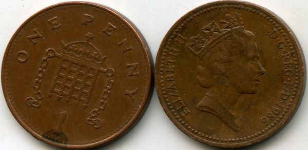 Монета 1 пенни 1986г Англия