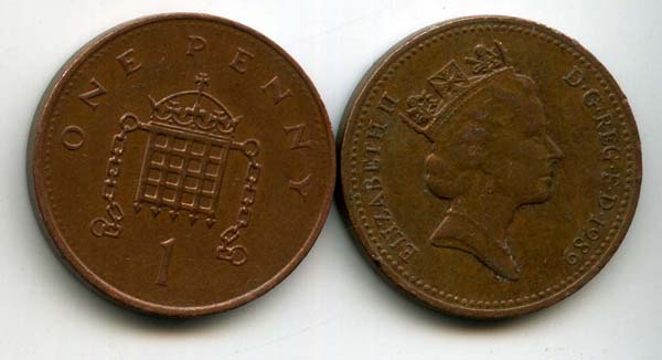 Монета 1 пенни 1989г Англия