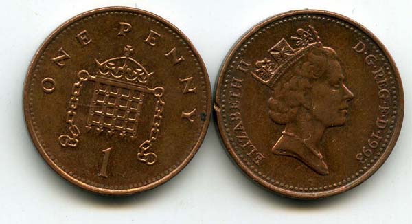 Монета 1 пенни 1993г Англия