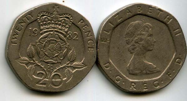 Монета 20 пенсов 1982г Англия