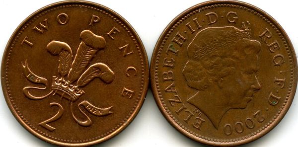 Монета 2 пенса 2000г Англия