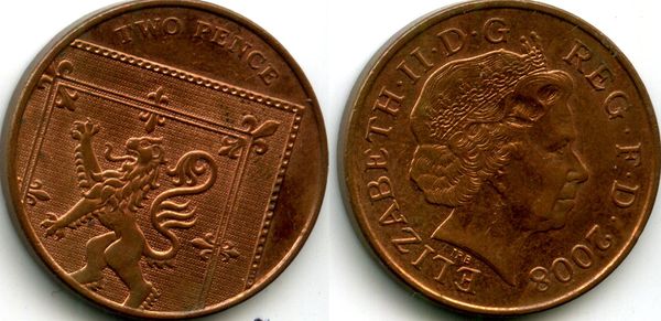 Монета 2 пенса 2008г нд Англия