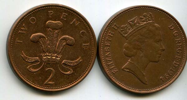 Монета 2 пенса 1994г Англия