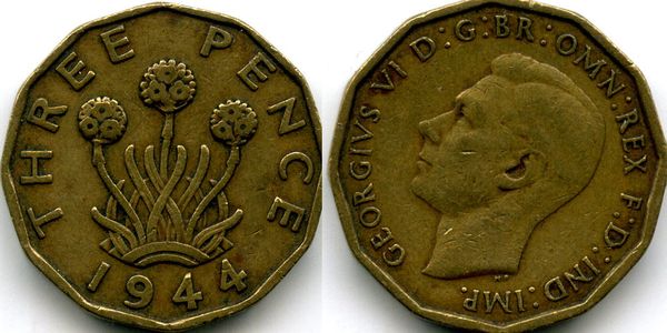 Монета 3 пенса 1944г Англия