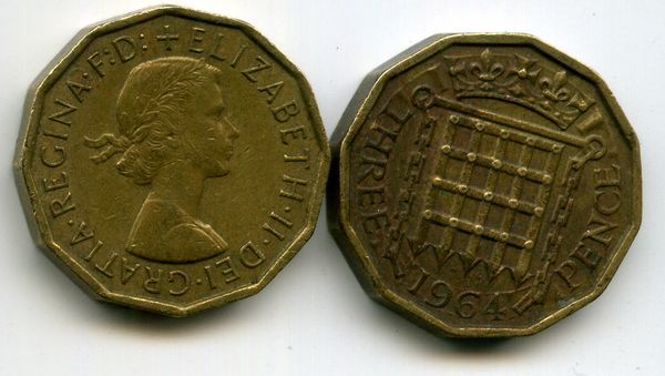Монета 3 пенса 1964г Англия