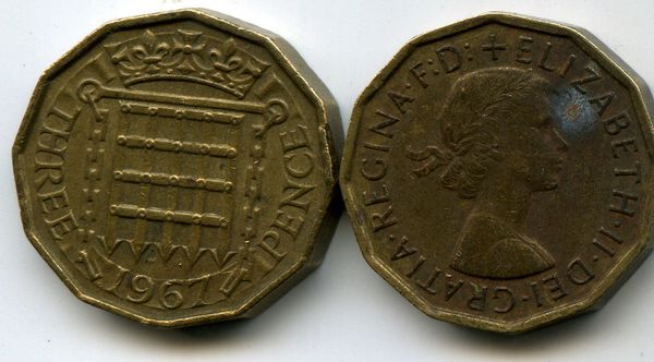 Монета 3 пенса 1967г Англия