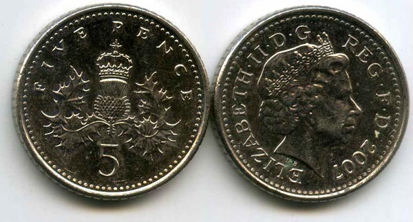 Монета 5 пенсов 2007г Англия
