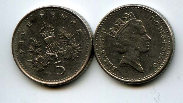 Монета 5 пенсов 1990г Англия