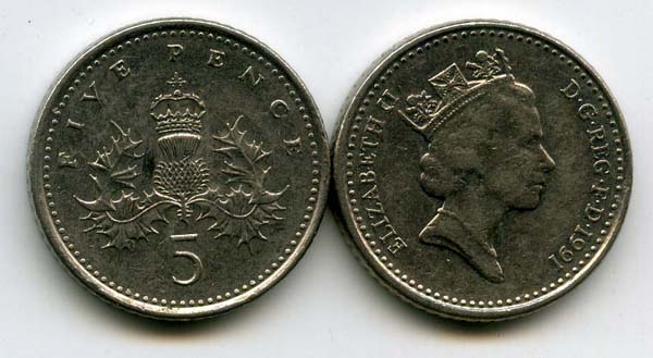Монета 5 пенсов 1991г Англия