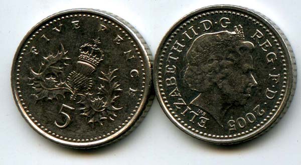 Монета 5 пенсов 2005г Англия