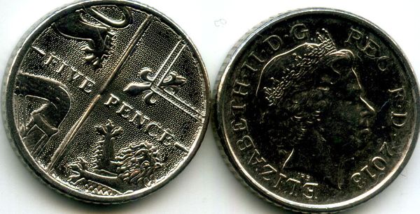 Монета 5 пенсов 2013г Англия