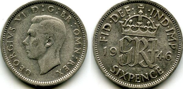 Монета 6 пенсов 1946г Англия