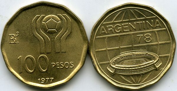 Монета 100 песо 1977г ЧМ по футболу Аргентина