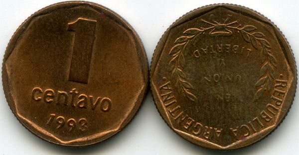 Монета 1 сентаво 1993г старый тип Аргентина